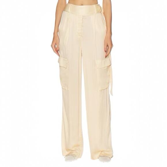 l'academie Mel Pants Belted Trousers Wide Leg Satin Beige Neutral Revolve NEW - Picture 1 of 8